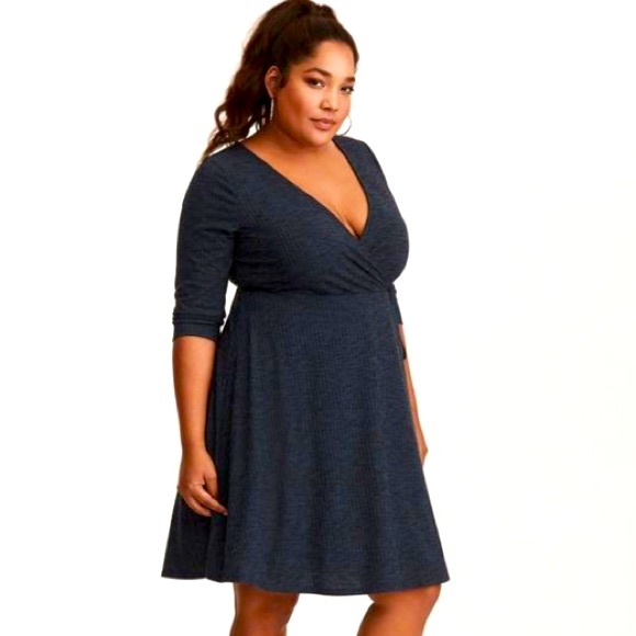 torrid Dresses & Skirts - Torrid Mini Rib Knit Wrap Dress Heathered Blue/Black size 4